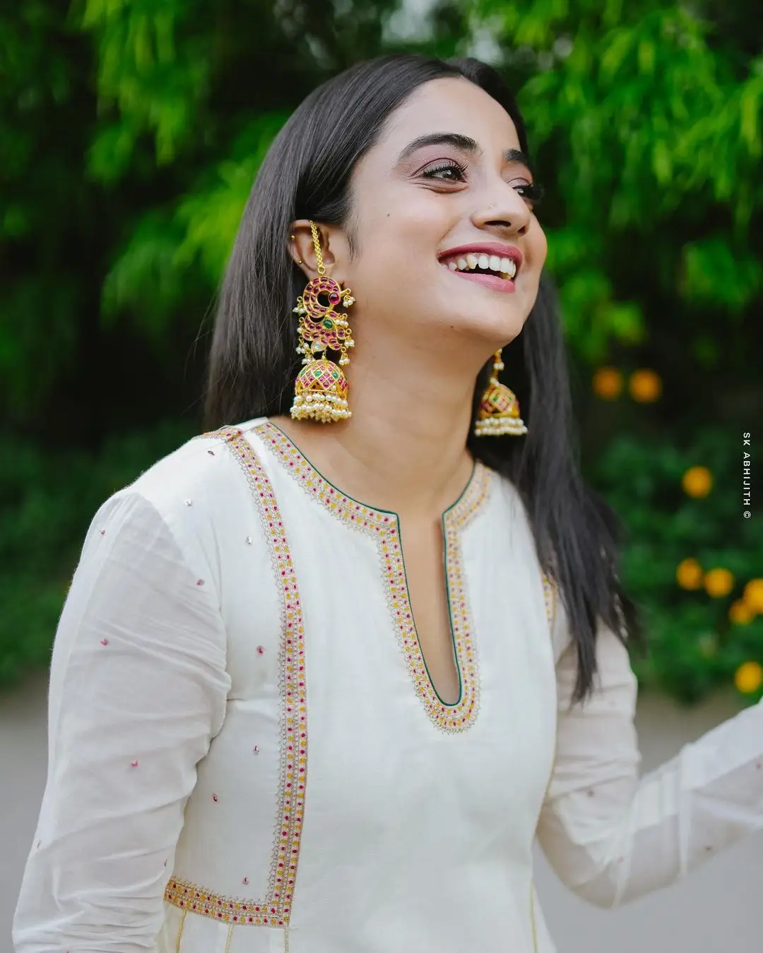 Namitha Pramod Wearing Beautiful Earring Jewellery White Dress